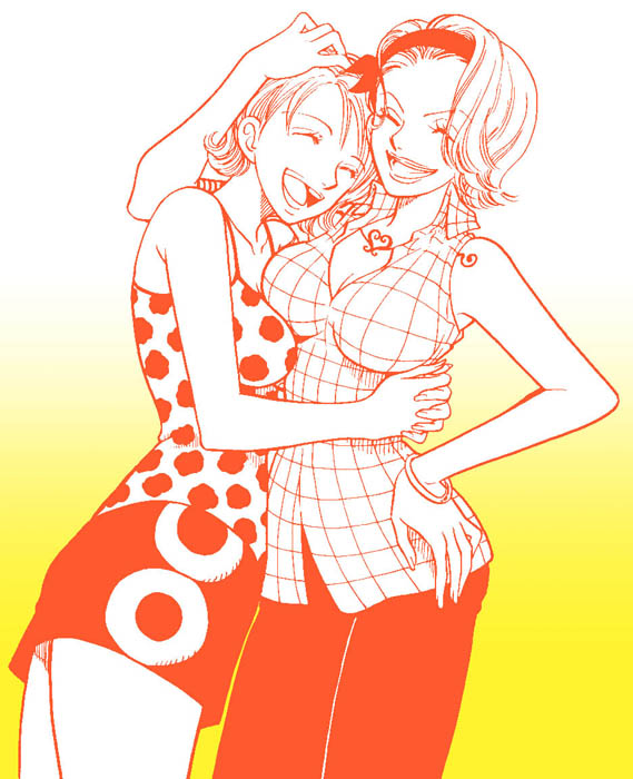 2girls big_breasts bracelet breasts cleavage closed_eyes conomi_islands east_blue family female hair hairband hand_on_hip happy hug jewelry laugh laughing multiple_girls nami nel-zel_formula nojiko one_piece plaid plaid_shirt shirt short_hair siblings sister sisters skirt sleeveless smile spread_legs tattoo