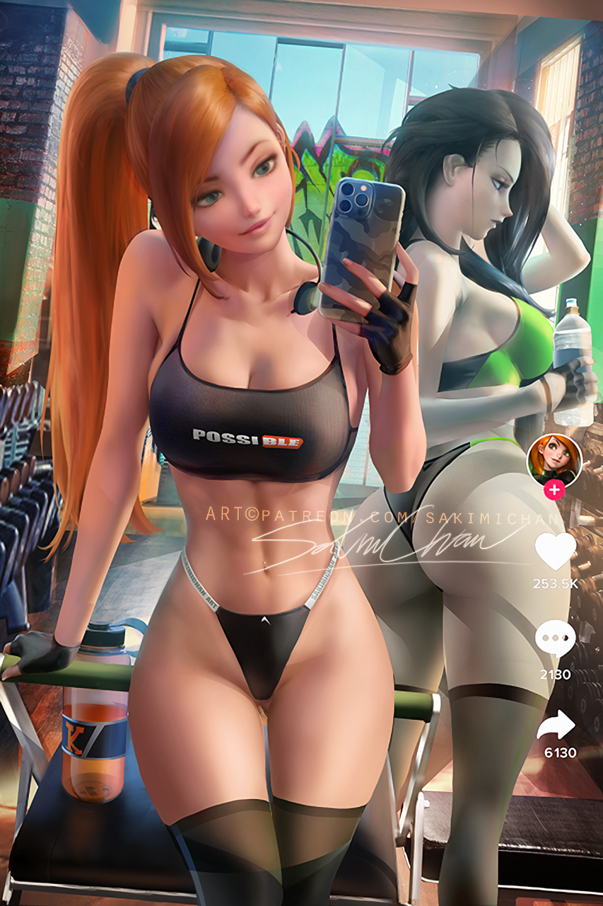 1girl 2022 2_girls alluring alternate_version_available ass athletic_female big_breasts black_hair breasts disney disney_channel female_abs female_only fit_female green_eyes green_skin gym headphones headphones_around_neck hips indoors kim_possible kimberly_ann_possible large_ass long_hair orange_hair panties realistic sakimichan selfpic shego slim_waist smile sports_bra sportswear thick_thighs thighs watermark wide_hips