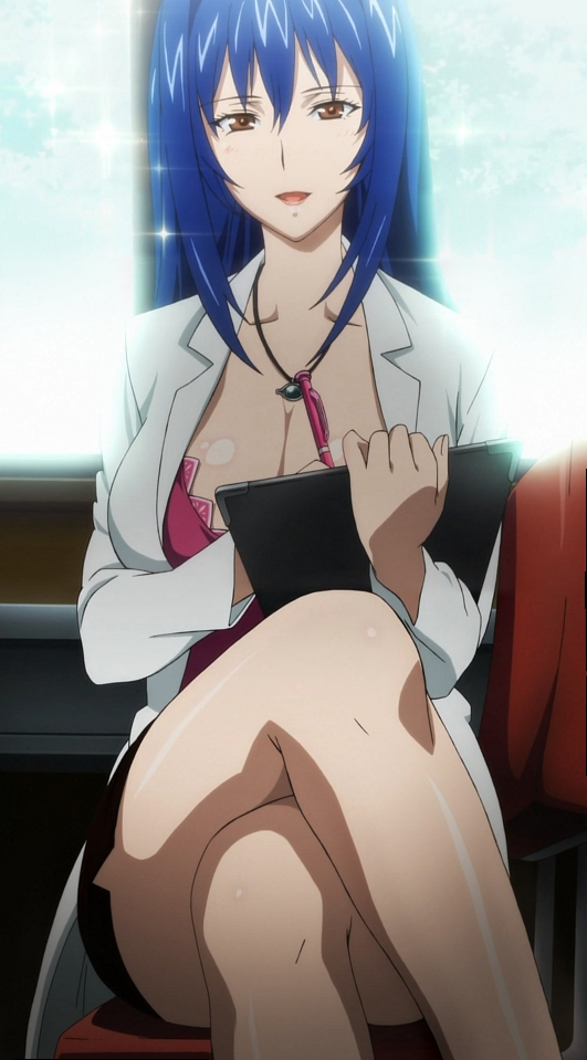 1girl anime blue_hair breasts brown_eyes cleavage clipboard coat ecchi hair_between_eyes holding holding_object huge_breasts jewelry legs legs_crossed long_hair looking_at_viewer maken-ki! miniskirt necklace nijou_aki nurse open_mouth pen pendant sitting skirt sparkle stitched thighs