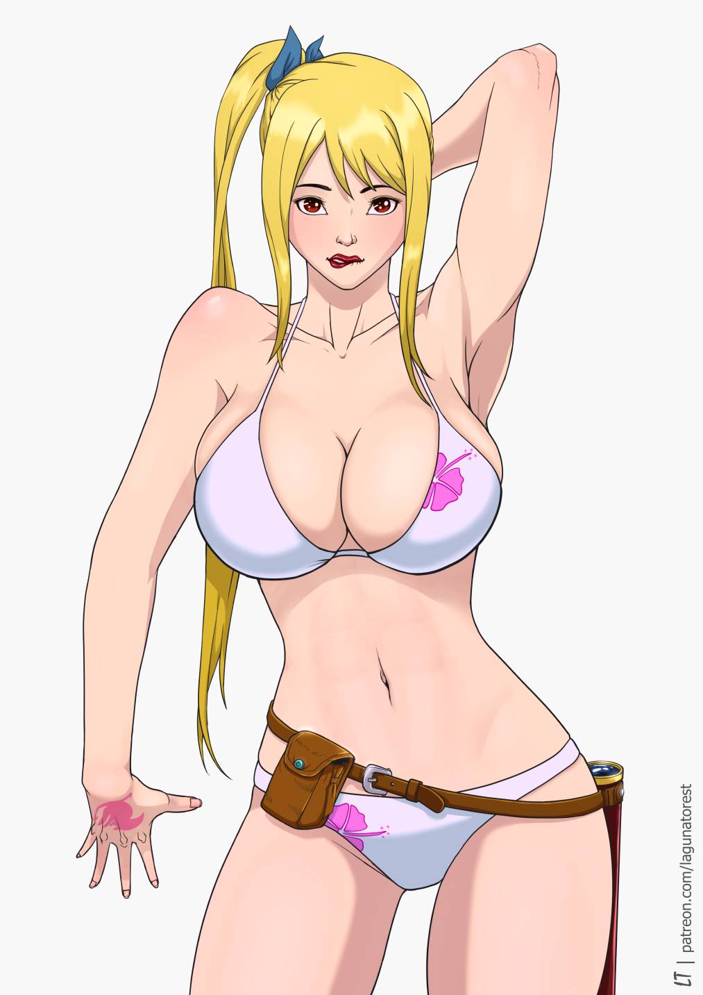 1girl 1girl alluring arm_behind_head armpits artist_name big_breasts bikini biting blonde_hair breasts cleavage fairy_tail high_res legs lip_biting lucy_heartfilia navel pose red_eyes red_lips side_ponytail swimsuit thighs