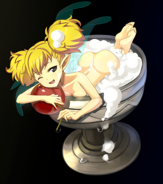1girl ;d ass back barefoot blonde_hair breast_press butt_crack caryo cherry_(fruit) collarbone cup dragon's_crown fairy fairy_wings female foam food fruit goblet grey_eyes in_container minigirl nanashino nude one_eye_closed open_mouth partially_submerged pointy_ears shadow smile soles solo tiki_(dragon's_crown) twintails wet wings wink