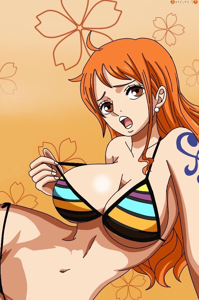 1girl 1girl alluring arm_support big_breasts bikini bikini_pull breasts cleavage clothes_pull long_hair looking_at_viewer lying nami nami_(one_piece) navel one_piece open_mouth orange_eyes orange_hair swimsuit teasing