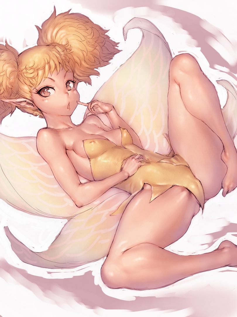 1girl barefoot blonde_hair chestnut_mouth covered_nipples dragon's_crown erect_nipples fairy fairy_wings female fumio_(rsqkr) looking_at_viewer no_panties red_eyes short_hair small_breasts solo spread_legs thighs tiki_(dragon's_crown) twintails wings