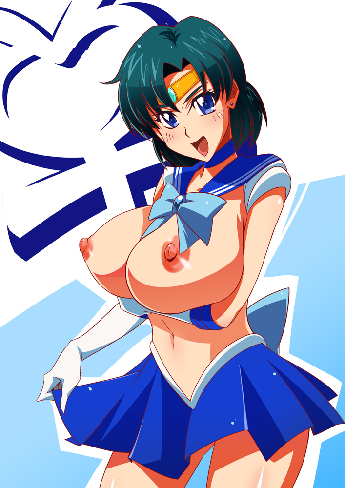1_girl 1girl ami_mizuno bishoujo_senshi_sailor_moon blue_eyes blue_hair blue_skirt breast_hold breasts choker earring earrings elbow_gloves female female_only gloves huge_breasts jewelry large_breasts looking_at_viewer mizuno_ami navel nipples no_bra open_mouth partially_clothed sailor_mercury sailor_moon skirt solo standing sunahara_wataru thighs tiara