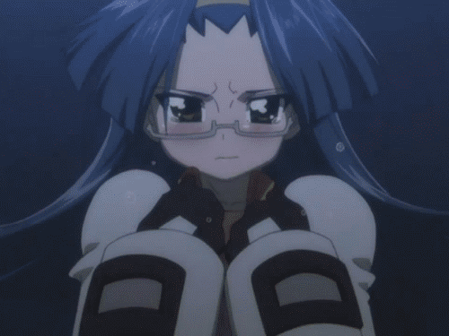 1girl animated animated_gif anime arresta_blanket_(fight_ippatsu!_juuden-chan!!) big_breasts blue_hair blush bouncing_breasts breast_suppress breasts brown_eyes bursting_breasts cleavage collarbone embarrassed female female_only fight_ippatsu!_juuden-chan!! flashing gif glasses gloves hair hairband huge_breasts large_breasts long_hair lowres nipples pout soft solo twin_tails
