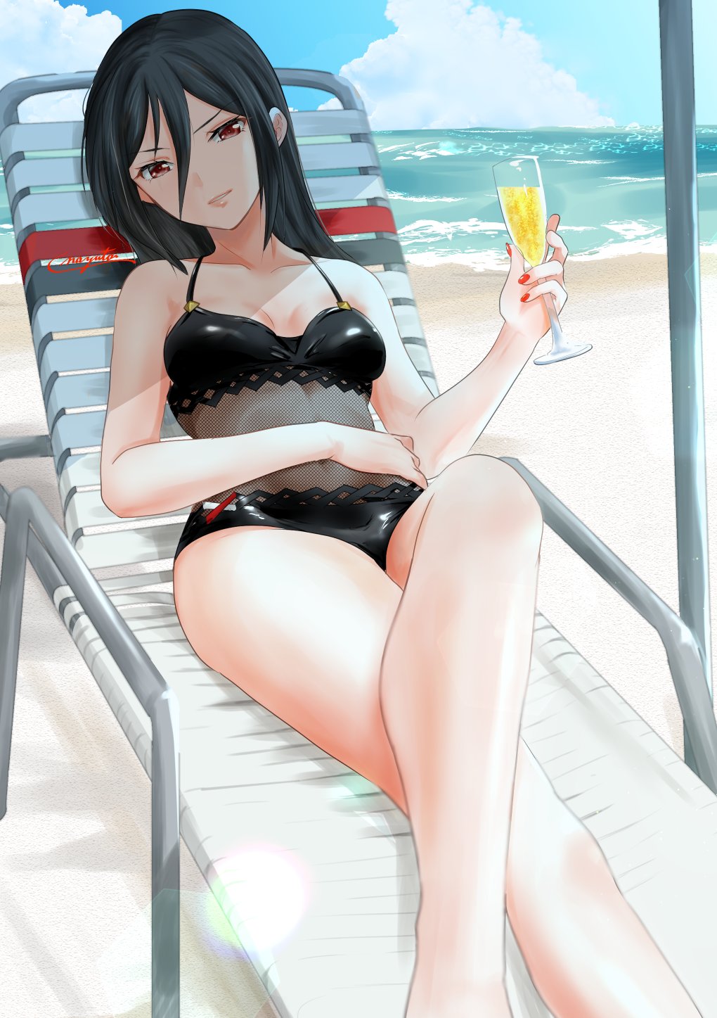 1girl alluring beach beach_chair black_hair black_one-piece_swimsuit black_swimsuit breasts brown_eyes champagne champagne_glass clouds covered_navel holding_glass latex long_hair looking_at_viewer military morag_ladair nayuta-kanata nintendo ocean one-piece_swimsuit outside painted_fingernails sky small_breasts swimsuit water xenoblade_(series) xenoblade_chronicles_2