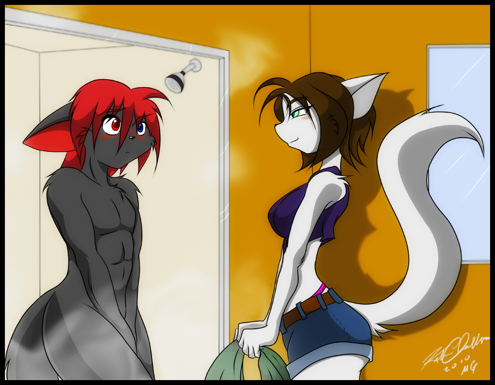 2010 abs anthro bathroom blush brown_hair cat cover_up covering_crotch embarrassing feline furry green_eyes multicolored_eyes nude nude panties pink_panties red_hair short_hair shower smile surprise thong