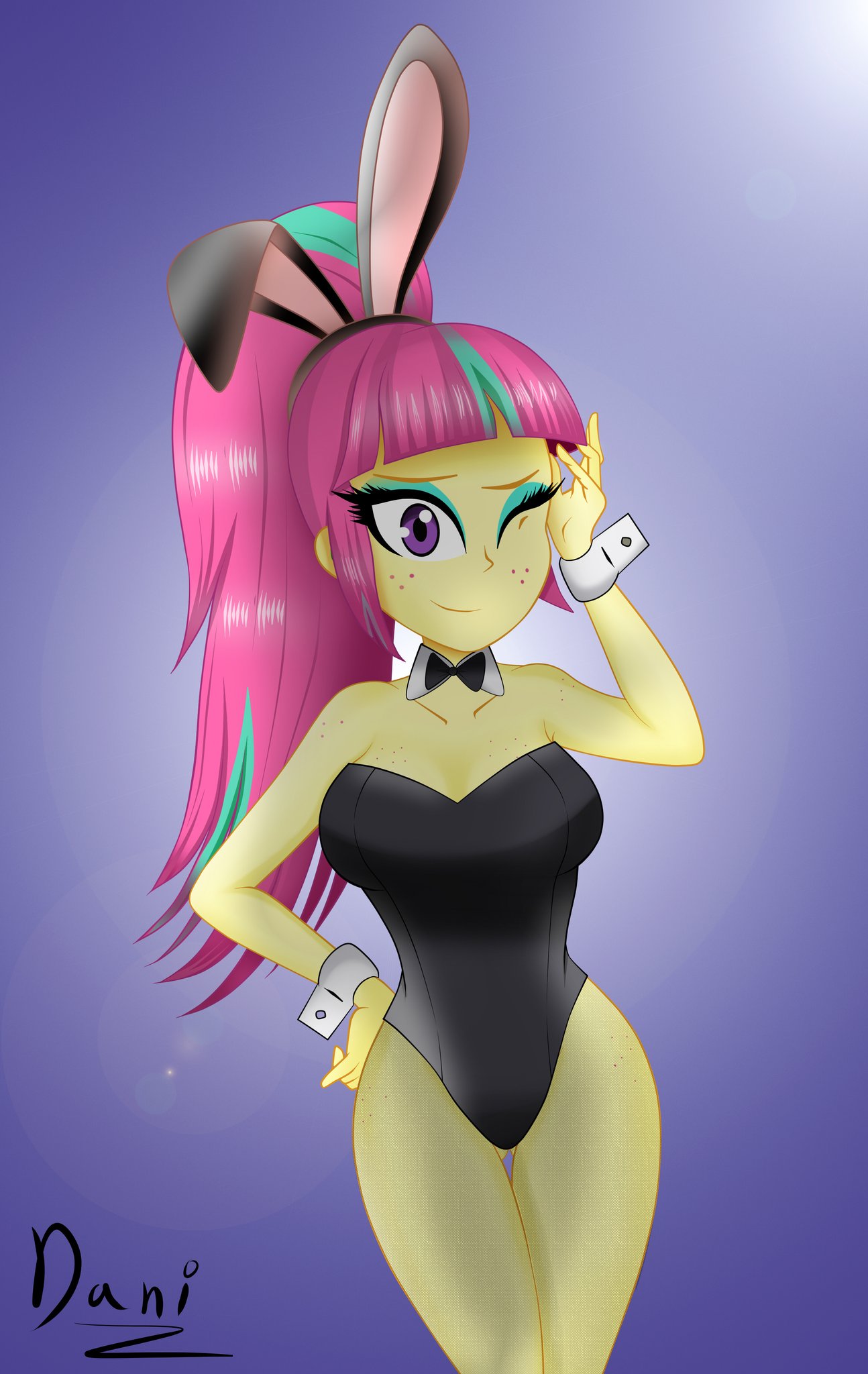 1girl bare_arms bunny_ears bunny_girl bunnysuit danielita equestria_girls female female_only freckles friendship_is_magic long_hair my_little_pony one_eye_closed partially_clothed solo sour_sweet standing