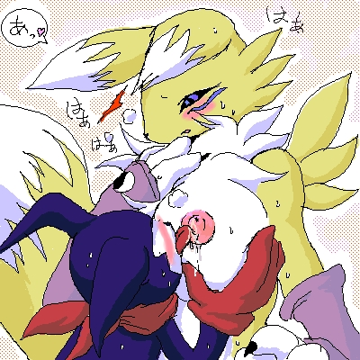 blue_eyes blush breast_grab breasts claws digimon fox furry gloves grabbing huge_breasts imp impmon large_breasts licking lowres nipple_licking nipples renamon scarf tail
