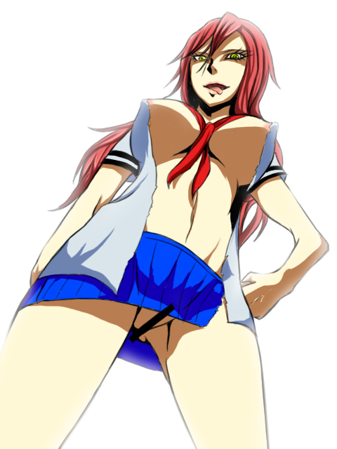 bar_censor bottomless breasts censored female from_below genuine kuro_fn large_breasts long_hair looking_at_viewer majin_tantei_nougami_neuro navel open_mouth perspective pussy red_hair simple_background solo tongue tongue_out torn_clothes upskirt white_background yellow_eyes