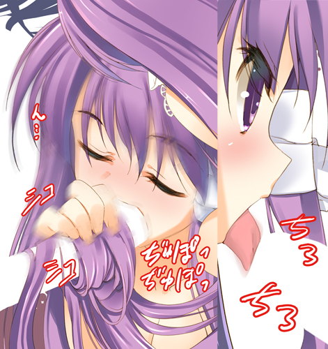 1girl arikawa_satoru clannad fellatio female fujibayashi_kyou hairjob long_hair lowres oral penis purple_hair