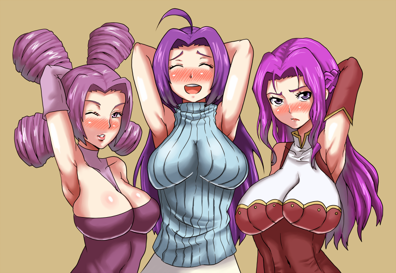 3girls amanooni_touri arm_up armpits arms_behind_head arms_up bad_id between_breasts blush breasts cleavage closed_eyes code_geass color_connection cornelia_li_britannia creatures_(company) crossover elbow_gloves fantina_(pokemon) female frown game_freak ghost_type_trainer gloves gym_leader hair humans_of_pokemon idolmaster large_breasts laughing lipstick long_hair makeup melissa_(pokemon) miura_azusa multiple_crossover multiple_girls nintendo one_eye_closed pale_skin pigtails pokemon pokemon_(anime) pokemon_(game) pokemon_diamond_pearl_&amp;_platinum pokemon_dppt pose posing purple_dress purple_eyes purple_hair quad_tails sagging_breasts sleeveless sleeveless_turtleneck smile sweater turtleneck violet_eyes violet_hair wink yokkora