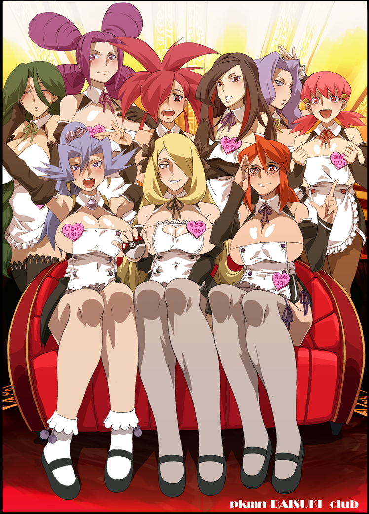 6+girls 9girls akane_(pokemon) asuna_(pokemon) azami_(pokemon) bad_id bare_shoulders black_hair blonde_hair blush braid breasts bursting_breasts cleavage cleavage_cutout closed_eyes copyright_name cosplay couch creatures_(company) crossover detached_sleeves dream_c_club elbow_gloves elite_four fantina_(pokemon) female frontier_brain game_freak ghost_type_trainer glasses green_hair gym_leader hair hair_over_one_eye heart heart_cleavage_cutout heart_cutout highlights huge_breasts humans_of_pokemon ibuki_(pokemon) jaga_note kanna_(pokemon) karin_(pokemon) lavender_hair long_hair mary_janes melissa_(pokemon) momi_(pokemon) multicolored_hair multiple_girls name_tag nintendo open_mouth pale_skin pantyhose parody pigtails pink_eyes pink_hair poke_ball pokemon pokemon_(anime) pokemon_(game) pokemon_diamond_pearl_&amp;_platinum pokemon_dppt pokemon_gsc pokemon_rgby pokemon_rse ponytail purple_dress purple_eyes purple_hair quad_tails red_eyes red_hair sagging_breasts shirona_(pokemon) shoes sitting smile thighhighs title_drop twintails very_long_hair violet_eyes violet_hair yellow_eyes
