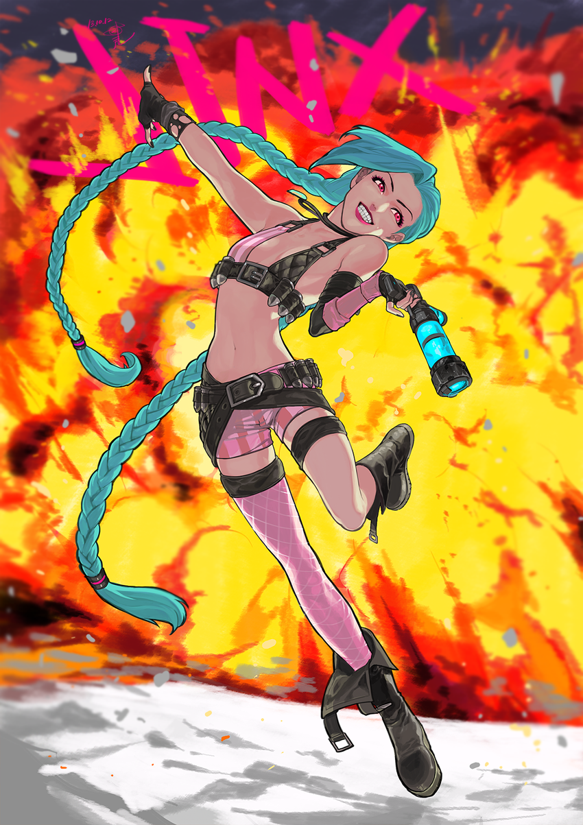 1girl abiso_(artist) aqua_hair arched_back bandolier bangs bikini_top boots braid bullet eyelashes female fingerless_gloves flat_chest fringe garters gloves grin gun hairline handgun highres jewelry jinx_(league_of_legends) league_of_legends lipstick long_hair makeup mismatched_gloves multiple_belts nail_polish necklace pendant red_eyes shorts single_thighhigh smile solo thighhighs twin_braids very_long_hair weapon