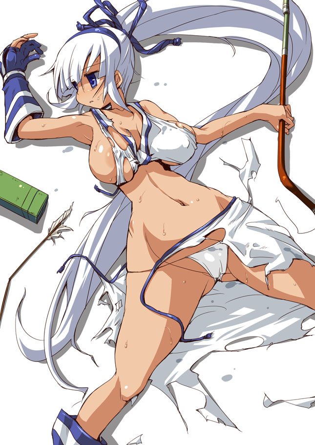 1girl areolae arrow bikini blue_eyes bow bow_(weapon) breasts defeated empty_eyes female hairband hirowa_nagi large_breasts long_hair lying majikina_mina panties ponytail ribbon samurai_spirits snk solo swimsuit thick_thighs thighs torn_clothes underwear weapon white_hair white_panties wide_hips