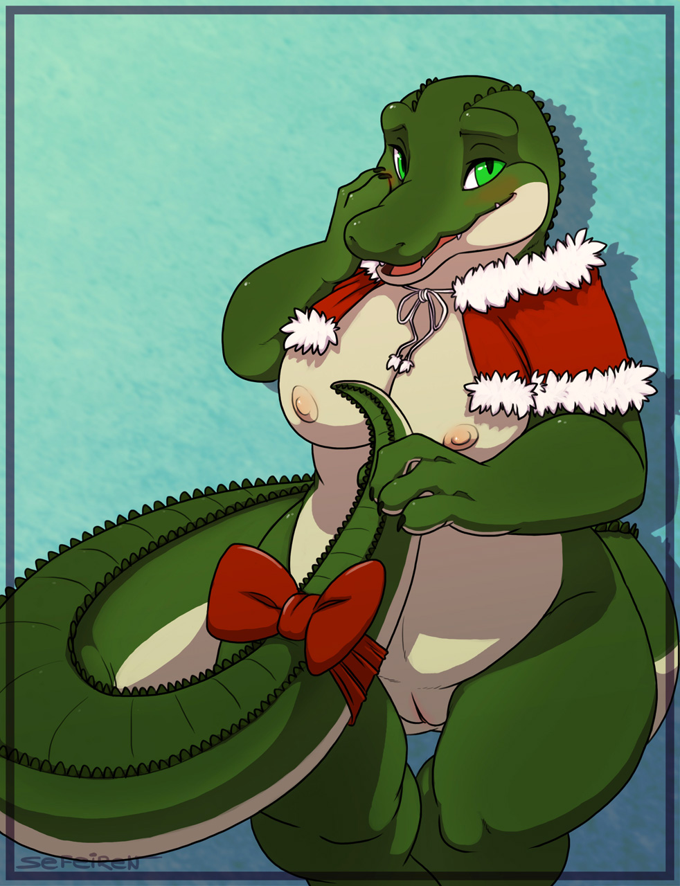 alligator anthro bbw big_breasts blush bow breasts christmas chubby color female fgs green_eyes lizard looking_at_viewer nipples nostrils nude pussy reptile ribbons scalie sefeiren_(artist) shawl shiny shiny_skin shy sitting smile solo tail_grab tongue wide_hips