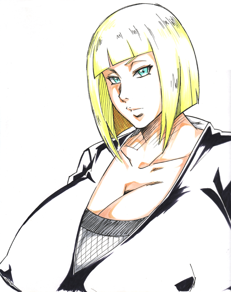 1girl big_breasts blond_hair blonde_hair blue_eyes breasts bust chest clothed erect_nipples eyelashes female gigantic_breasts hair huge_breasts large_breasts looking_at_viewer naruto naruto_shippuden naruto_shippuuden neck nipples samui short_hair simple_background solo sunahara_wataru throat white_background woman