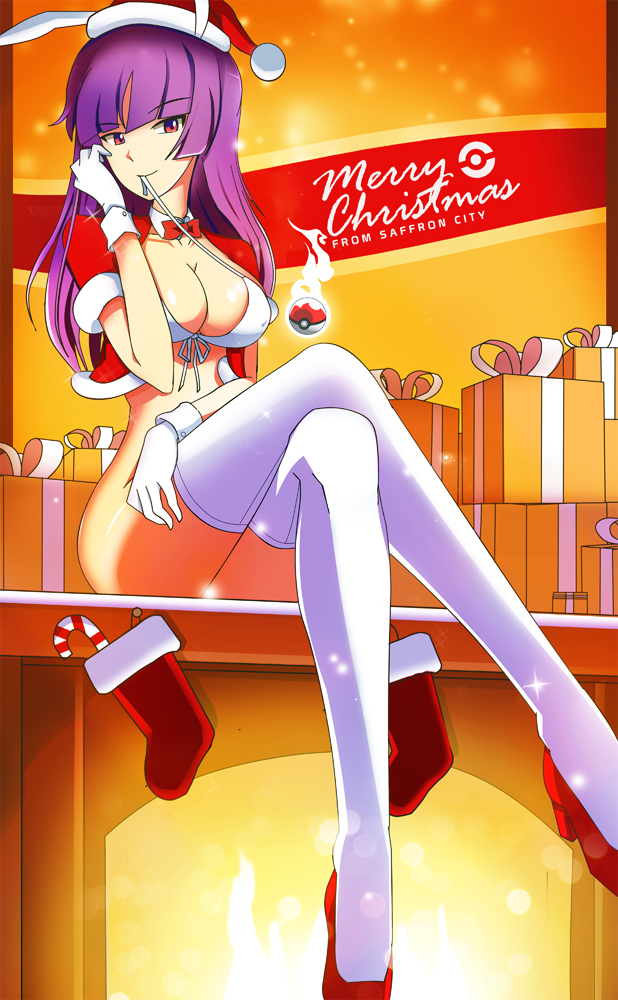1girl alluring big_breasts bikini bikini_top bottomless bow bowtie breasts candy candy_cane christmas cleavage creatures_(company) crossed_legs_(sitting) detached_collar eyebrows_visible_through_hair fireplace food front-tie_bikini front-tie_top game_freak gift gloves gym_leader hat high_heels legs_crossed long_hair mouth_hold naked_from_the_waist_down natsume_(pokemon) nintendo poke_ball pokemon pokemon_(game) purple_hair rabbit_girl red_eyes red_footwear red_shoes sabrina sabrina_(pokemon) santa_costume santa_hat shoes sitting smile sparkle stockings swimsuit vivivoovoo white_bikini white_gloves white_legwear white_stockings