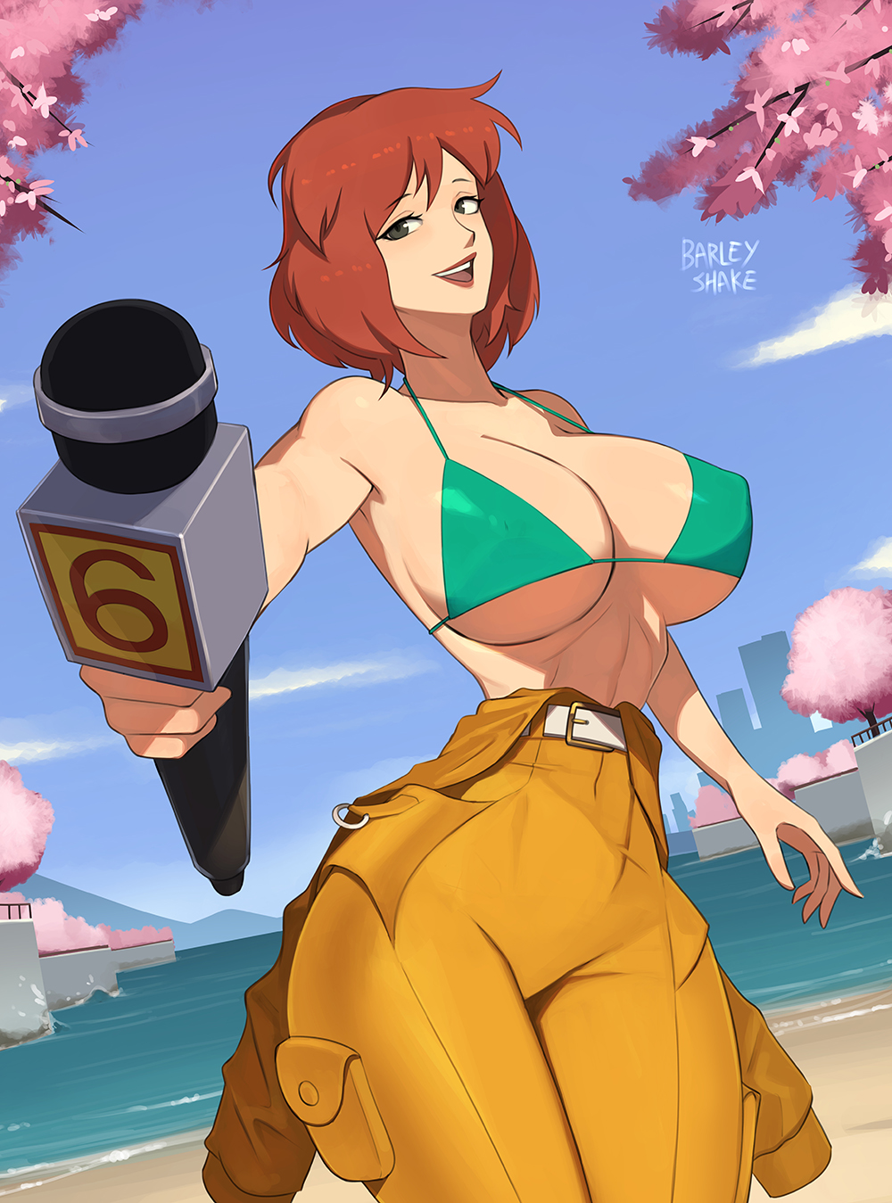 1girl 1girl 1girl april_o'neil armpit artist_name bangs bare_shoulders barleyshake belt big_breasts big_breasts bikini bikini_top bodysuit breasts brown_hair cherry_blossoms cleavage clothed clothed_female clothing day digital_media_(artwork) eyelashes female_focus female_only grey_eyes hair half-closed_eyes half-dressed high_res holding_microphone holding_object huge_breasts light-skinned_female light_skin lipstick looking_at_viewer mature mature_female medium_hair microphone nipple_bulge nipple_outline ocean open_mouth open_smile outside outside red_lipstick sand short_hair sky solo_female solo_focus standing string_bikini tagme teenage_mutant_ninja_turtles teeth thick_thighs tongue tree trees water watermark wide_hips