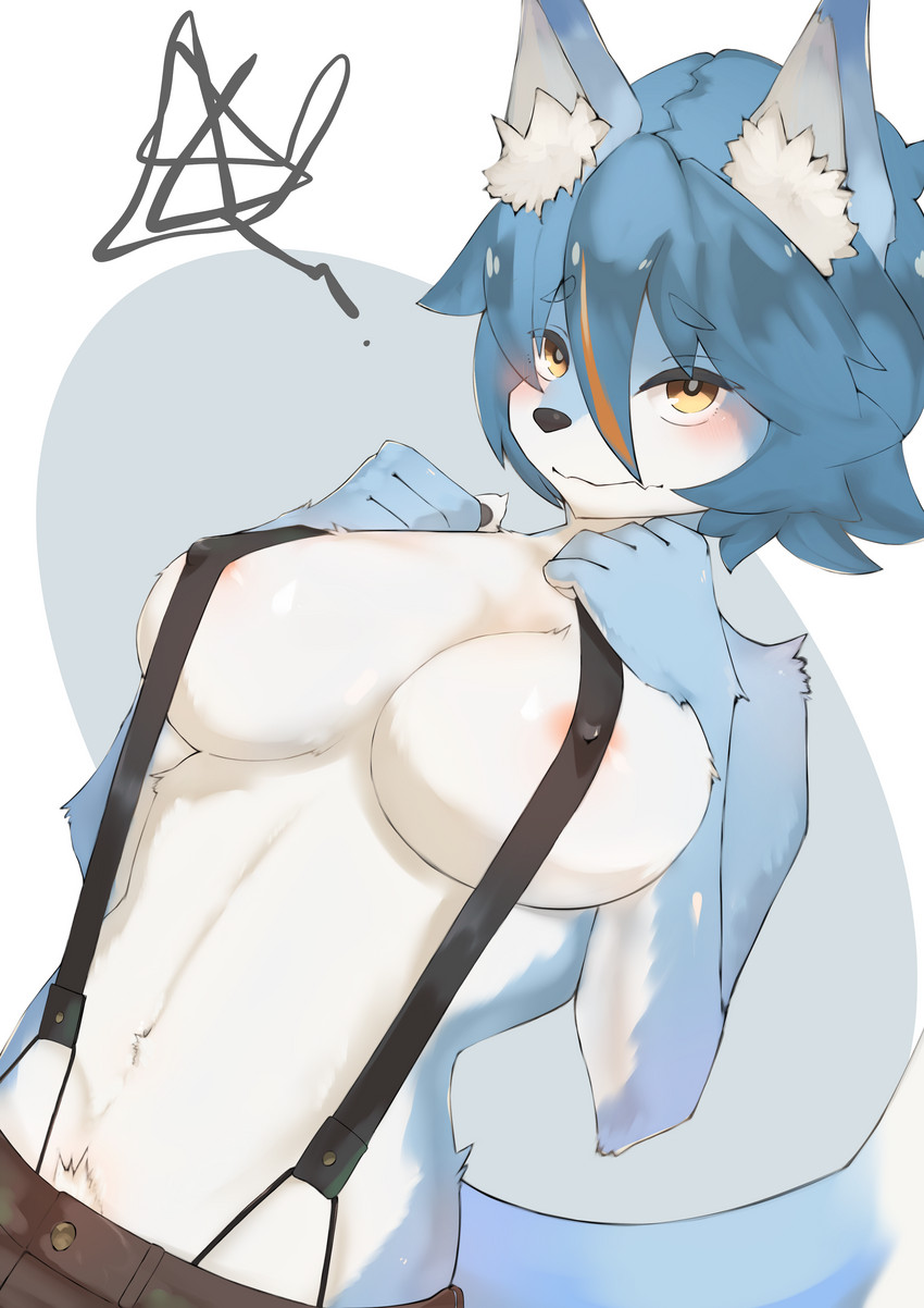 1girl 2020 absurd_res anthro black_nose blonde_hair blue_body blue_fur blue_hair blush breasts canid canine clothed clothing fingers fox fur furry hair half-length_portrait hand_on_breast high_res inner_ear_fluff iwnt2d1e kemono mammal multicolored_hair nanahoshi_suzu nipple_outline portrait short_hair suspenders translucent translucent_hair tuft white_body white_fur yellow_eyes