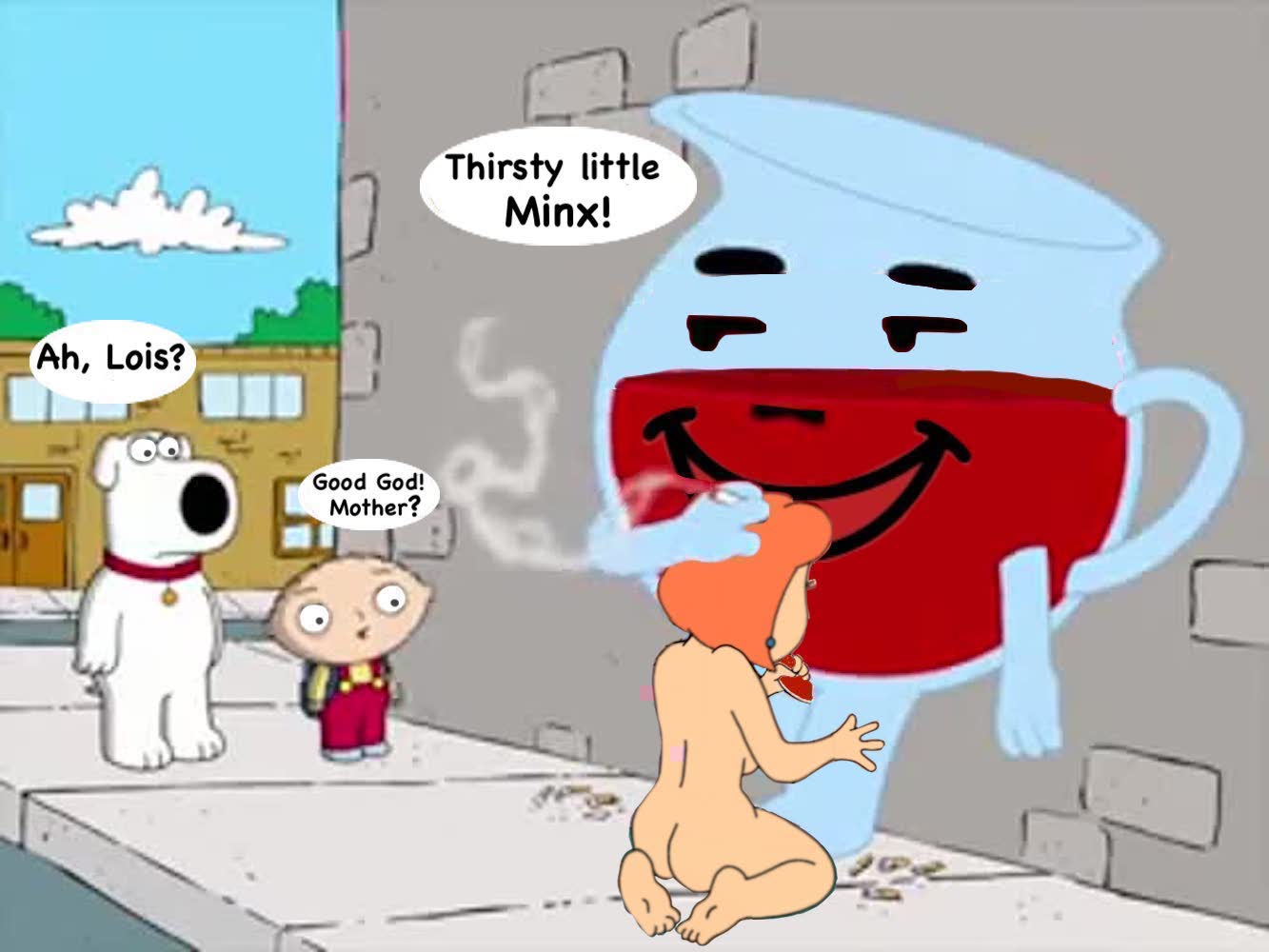 big_breasts brian_griffin cartoon_milf cheating_wife crossover family_guy fellatio kneel kneeling kool-aid_man lois_griffin red_hair stewie_griffin topless_(female)