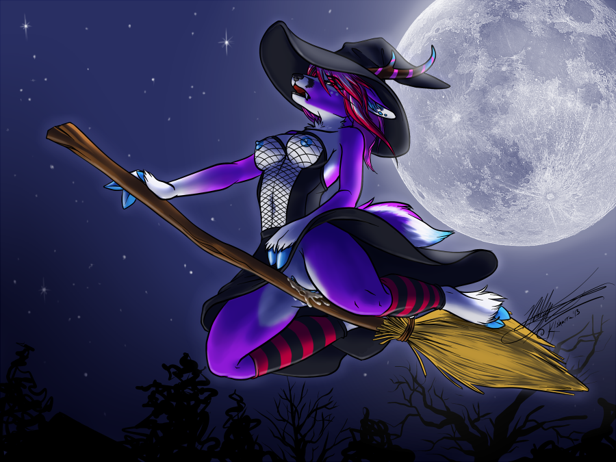 1_female 1_girl 2013 airborne anthro antlers breasts broom canine fangs female female_anthro female_only flying full_moon fur furry halloween hat holidays hooves horn hybrid ksharra magic_user moon night nipples no_panties pussy pussy_juice sitting skimpy solo upskirt witch