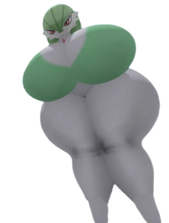 1girl 3d 3d_(artwork) alpha_channel featureless_breasts featureless_crotch female female_only front_view gardevoir giantess green_hair huge_breasts huge_thighs looking_down looking_down_at_viewer lowres macro pokemon red_eyes smile solo transparent_background white_body zer0264