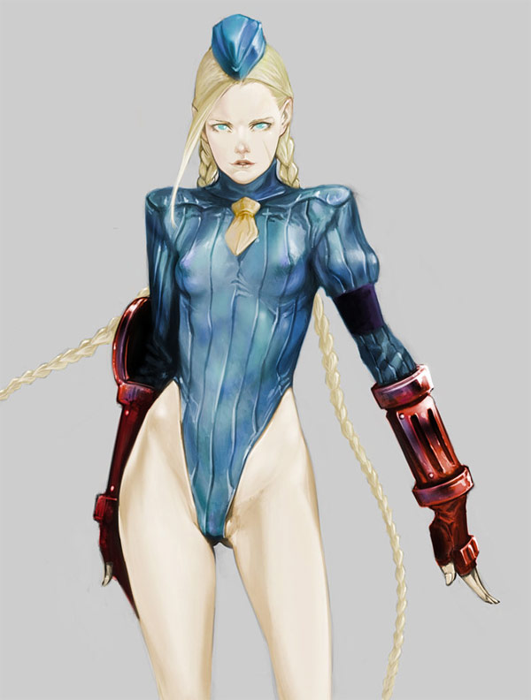 1girl 90s armband armor bad_id bangs blonde_hair blue_eyes blue_leotard braid breasts cammy_white capcom cowboy_shot elbow_gloves erect_nipples female fingerless_gloves flat_chest floating_hair garrison_cap gloves grey_background groin hat highleg highleg_leotard ikeda_masateru leotard long_sleeves looking_at_viewer mound_of_venus necktie parted_lips red_gloves ribbed_leotard scar simple_background small_breasts solo standing street_fighter street_fighter_ii street_fighter_zero street_fighter_zero_(series) thong_leotard turtleneck twin_braids vambraces