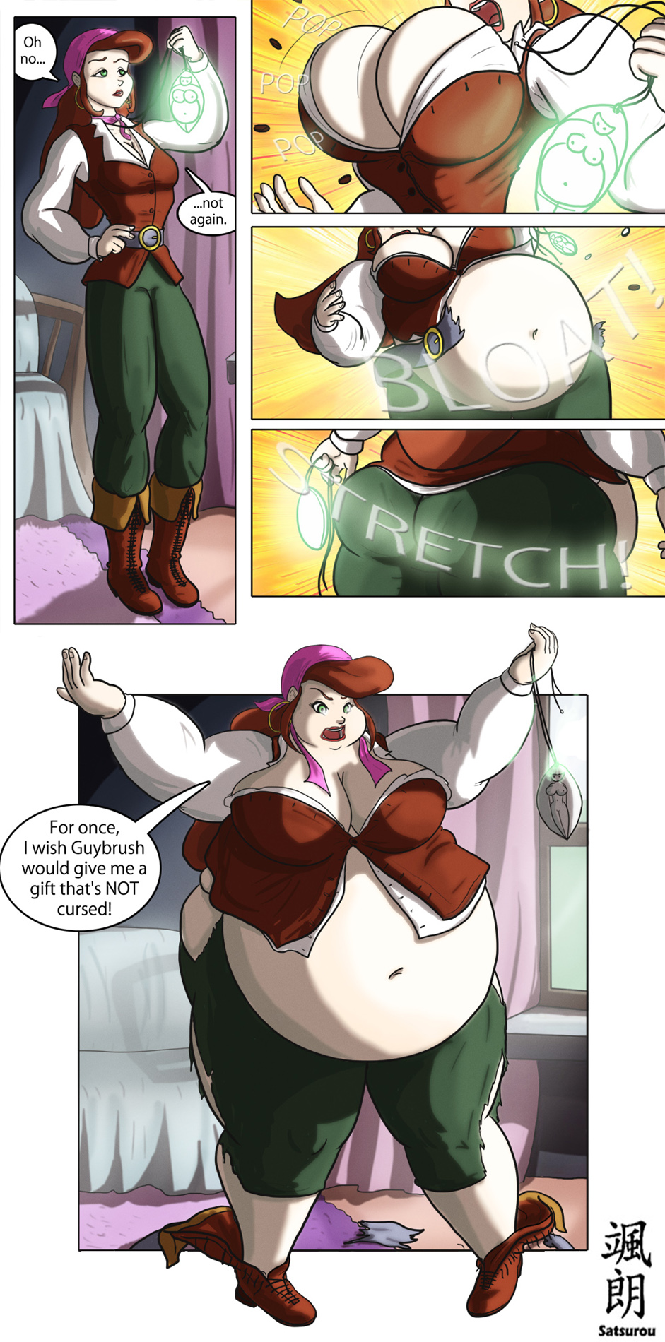 angry ass bbw belly belly_expansion big_ass big_belly big_breasts blue_eyes boots breast_expansion breasts brown_hair butt_expansion clothes comic curse cursed english english_text expansion hair lips long_hair plump satsurou text torn_clothes