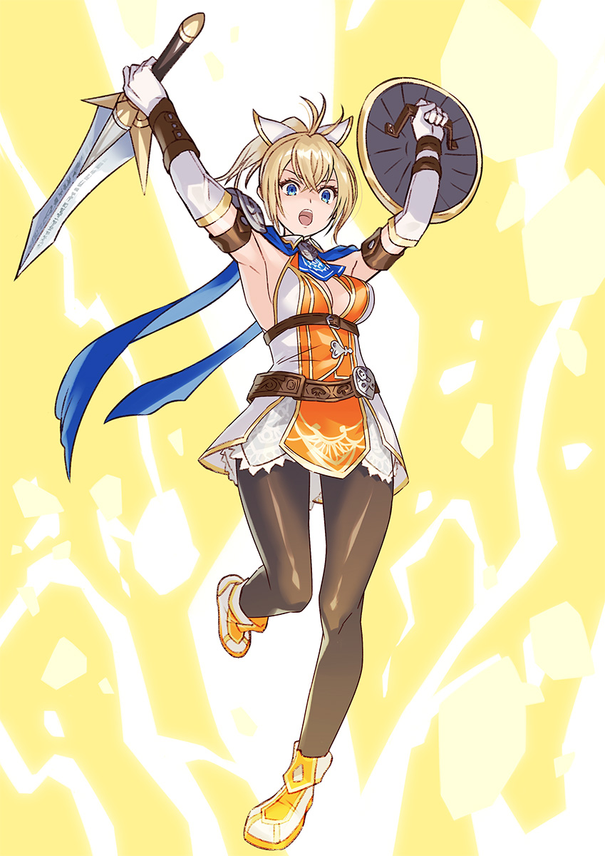 1girl ailf alluring armor belt blonde_hair blue_eyes blue_scarf brown_pantyhose cassandra_alexandra cleavage_cutout clothing_cutout commentary_request elbow_gloves gloves hair_ribbon high_res medium_breasts multiple_belts pantyhose pauldrons ponytail project_soul ribbon scarf shield short_sword shoulder_armor silf single_pauldron skirt soul_calibur soul_calibur_ii soul_calibur_iii soul_calibur_vi sword weapon yagi yagi2013