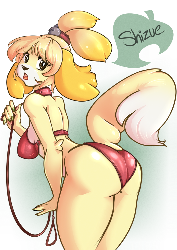 1girl animal_crossing animal_crossing_new_leaf anthro ass bent_over big_ass big_breasts bikini breasts canid canine canine_humanoid canis clothed clothing collar domestic_dog doubutsu_no_mori firekitty fur furry hair_tie holding_leash holding_object isabelle_(animal_crossing) jingle_bell leash looking_at_viewer looking_back mammal nintendo open_mouth ponytail rear_view secretary shih_tzu shizue_(doubutsu_no_mori) standing swimwear thick_ass thick_legs thick_thighs tongue toy_dog video_game_character video_game_franchise video_games wide_hips yellow_body yellow_fur