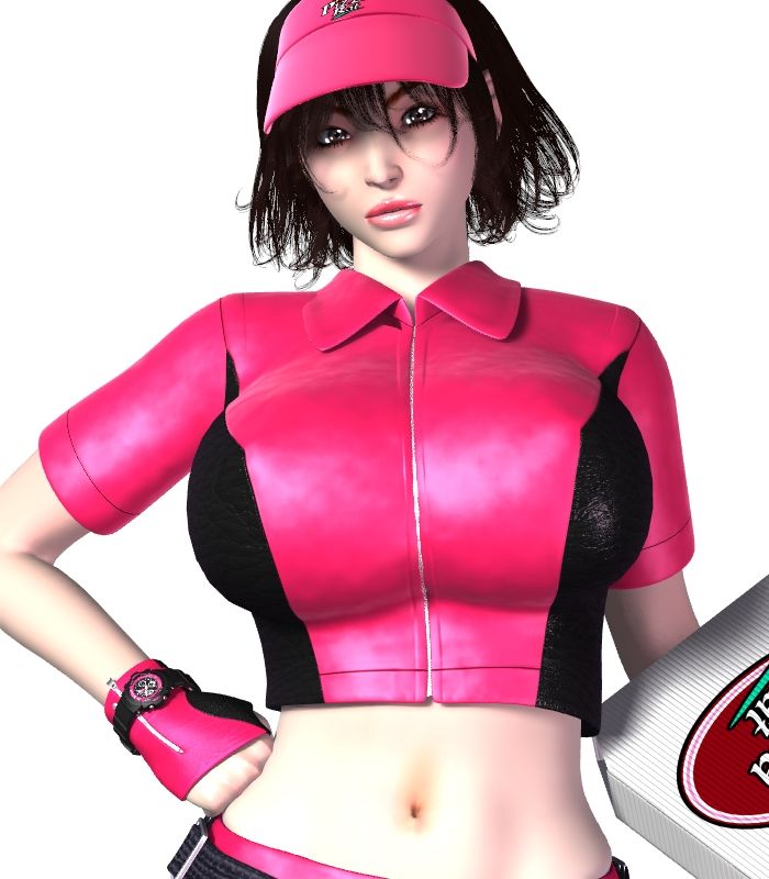 1girl 3d black_hair breasts brown_hair character_request female fingerless_gloves food gloves hat huge_breasts large_breasts lipstick makeup midriff pizza pizza_takeout_obscenity pov rika_yagyu short_hair simple_background solo umemaro umemaro_3d visor watch white_background zipper