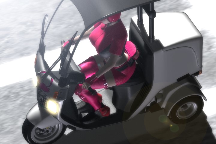 1girl 3d black_hair breasts character_request fanny_pack female fingerless_gloves food gloves helmet huge_breasts knee_pads large_breasts lipstick makeup midriff motor_vehicle motorcycle outdoors pizza pizza_takeout_obscenity pov rika_yagyu sitting solo stockings thighhighs umemaro umemaro_3d vehicle visor watch