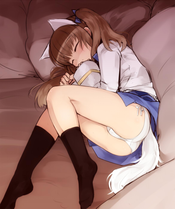 1girl animal_ears ass bad_id brown_hair closed_eyes feet footwear georgette_lemare hair hair_ribbon md5_mismatch military military_uniform null null_(nyanpyoun) panties pantyshot ribbon side-tie_panties sleeping socks solo strike_witches tail twin_tails twintails underwear uniform upskirt