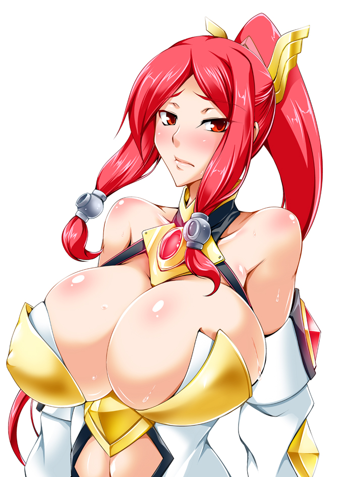 1girl arc_system_works bare_shoulders blazblue blazblue:_chrono_phantasma blazblue:_chronophantasma breasts huge_breasts izayoi_(blazblue) kanten long_hair red_eyes red_hair simple_background solo sweat white_background
