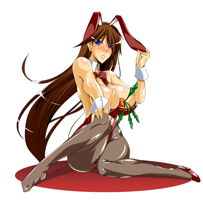 1girl alternate_costume animal_ears bangs bare_shoulders between_breasts blue_eyes blush body_blush bow bowtie breasts brown_hair bunny_ears bunny_girl bunnysuit bursting_breasts carrot cleavage detached_collar embarrassed erect_nipples fake_animal_ears fingernails food grey_legwear hairband hand_on_knee hand_on_own_knee high_heels highleg huge_breasts index_finger_raised kanten kk lipstick long_fingernails long_hair makeup nose_blush nyx pantyhose parted_lips queen's_blade queen's_blade ribbon shadow shoes sideboob simple_background single_shoe sitting solo very_long_hair wariza white_background wide_hips wrist_cuffs