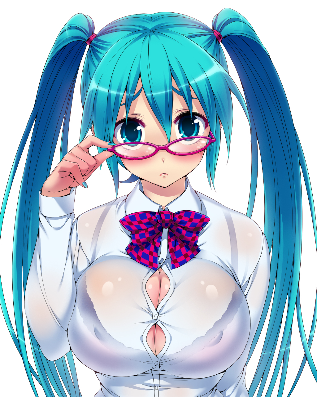 &gt;:( 100_percent_(vocaloid) 1girl :&lt; adjusting_glasses aqua_eyes aqua_hair aqua_nails bespectacled big_breasts blue_eyes blue_hair blush bow bowtie bra breasts bursting_breasts cleavage dress_shirt female_only frown glasses hatsune_miku high_res highres hisashi_(nekoman) hisasi huge_breasts lingerie long_hair long_sleeves looking_at_viewer miku_hatsune nail_polish pink-framed_glasses plaid plaid_bow ribbon see-through shirt simple_background solo solo_female straining_buttons tight tight_clothes twin_tails twintails underwear upper_body vocaloid white_background white_shirt yamaha
