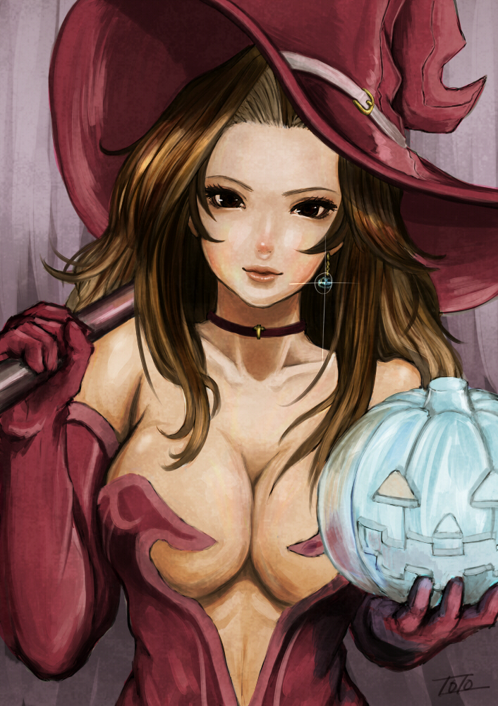 1girl artdink bare_shoulders big_breasts black_eyes breasts brown_eyes brown_hair choker cleavage deneb_rove earrings elbow_gloves gloves hat jack-o'-lantern jewelry large_breasts lips long_hair looking_at_viewer mage pumpkin solo tactics_ogre witch witch_hat zozo