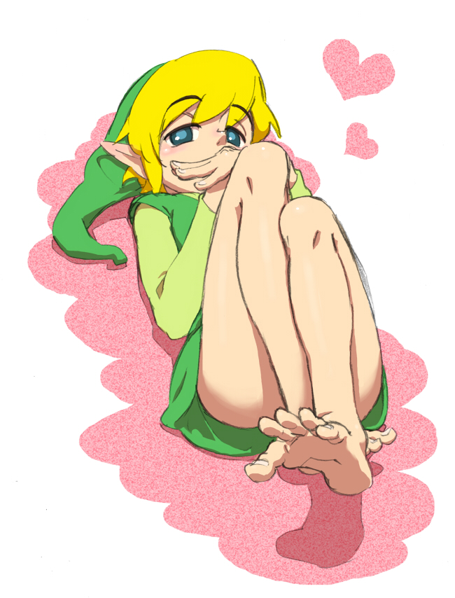 1boy bad_feet barefoot blonde_hair blue_eyes blush boy feet foot foot_fetish foot_focus hat heart legs link long_ears long_sleeves looking_at_viewer lying male male_focus nintendo pointy_ears soles solo spread_toes the_legend_of_zelda toe_spread toes tunic usikani yaoi young