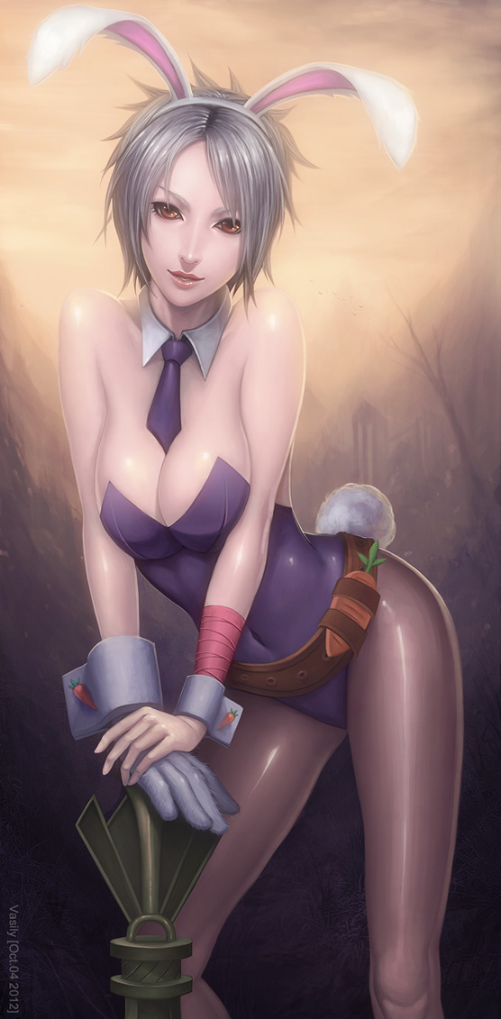 1girl animal_ears arm_support artist_name bad_id battle_bunny_riven breasts brown_eyes bunny_ears bunny_girl bunny_tail bunnysuit cleavage dated detached_collar fake_animal_ears large_breasts league_of_legends leaning_forward leotard lips looking_at_viewer necktie outdoors pantyhose riven riven_(league_of_legends) short_hair silver_hair single_glove solo standing tail v_arms vasily_(run211) weapon white_hair wrist_cuffs