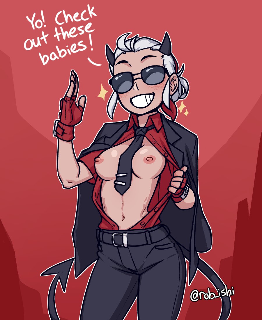1girl 1girl 1girl aviator_sunglasses bare_arms belt between_breasts black_horns black_neckwear black_pants black_tail breasts buttons casual_suit collared_shirt demon_girl demon_horns english_text facing_viewer fingerless_gloves flashing gloves grey_hair grin hair_slicked_back helltaker horns jacket jacket_on_shoulders justice_(helltaker) medium_breasts navel neck_tie necktie_between_breasts nipples no_bra open_clothes pants red_shirt rob_ishi shirt short_hair short_sleeves smile sparkle stomach sunglasses tail text tinted_eyewear unbuttoned wing_collar