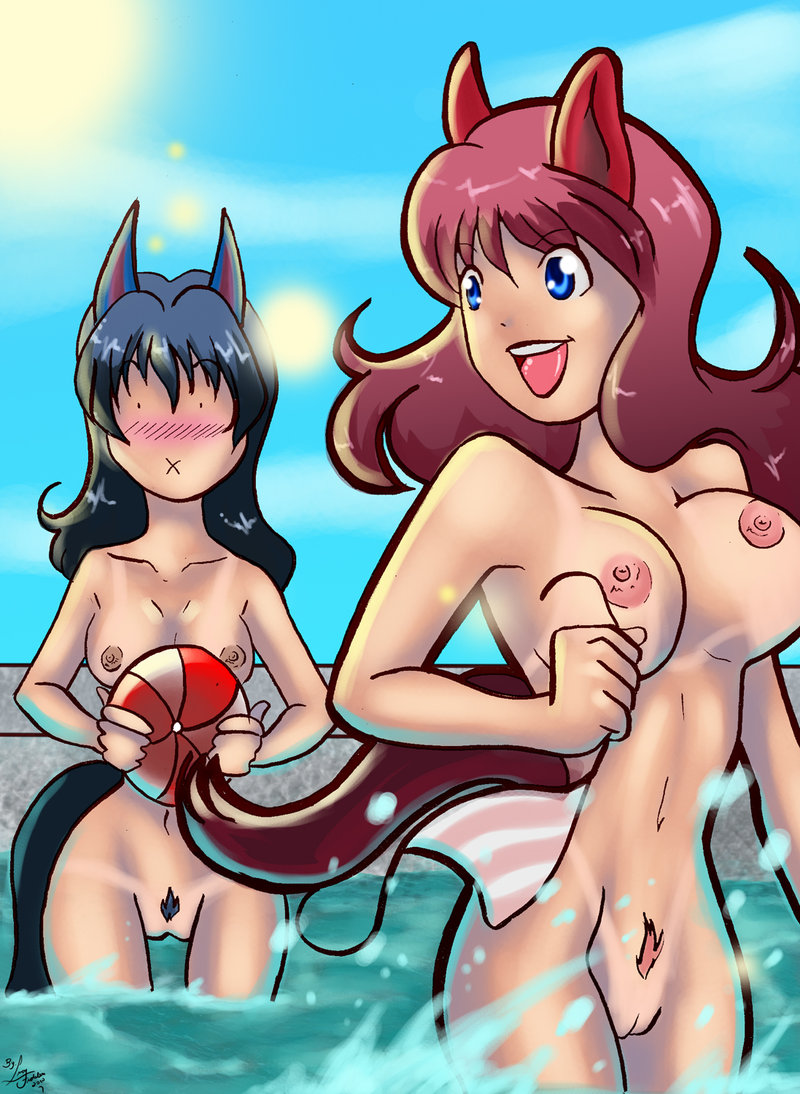 animal_ears animal_tail ball blue_eyes blue_hair blush breasts cat_ears cat_tail embarrassing funny long_hair lufidelis nipples nude original pool pubic_hair pussy red_hair smile surprise tail water wet