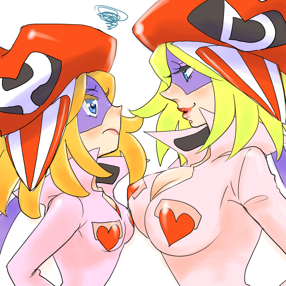 2girls asymmetrical_clothes asymmetrical_docking big_breasts blonde_hair blue_eyes bodysuit breast_envy breast_press breasts cleavage cosplay doronjo eyeshadow flat_chest hair hat headgear heart height_difference hoshino_lala jumpsuit kaminari_ai kaminari_ai_(cosplay) large_breasts lips lipstick makeup mask multiple_girls nose popped_collar short_hair small_breasts time_bokan_(series) unzipped yatterman