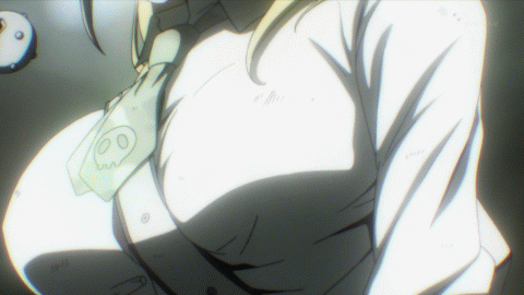 1girl animated animated_gif big_breasts blonde_hair blush bouncing_breasts breasts btooom! closed_eyes clothes gif hair himiko_(btooom!) large_breasts lowres neck_tie necktie slow_motion solo