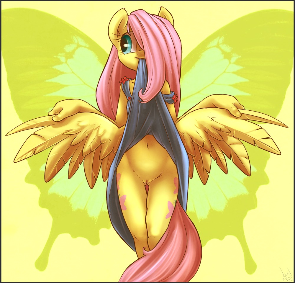 atryl bottomless butterfly cloth clothing cutie_mark equine female fluttershy fluttershy_(mlp) friendship_is_magic gap hair horse insect long_hair mlp my_little_pony navel nervous pegasus pink pink_hair pony pussy solo wings yellow_fur