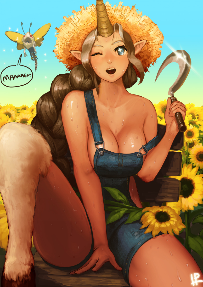 1girl bare_shoulders big_breasts braid breasts brown_hair cleavage farmer flower glint hat high_res highres hooves horn instant-ip instant_ip kog'maw kog'maw large_breasts league_of_legends long_hair monster_girl naked_overalls one_eye_closed open_mouth overalls pointy_ears revision sickle smile soraka strap_slip straw_hat sunflower sweat thighs very_long_hair wink
