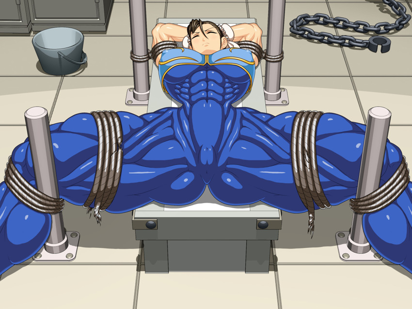 1girl abs bdsm bondage bound breasts capcom chun-li extreme_muscles female huge_breasts large_breasts lying muscle on_back ren_(tainca2000) solo spread_legs street_fighter