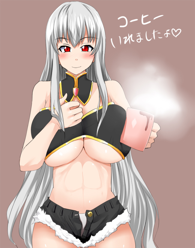 1girl abs ascot bare_shoulders blush breasts brown_background cup denim denim_shorts holding huge_breasts long_hair midriff no_bra panties red_eyes selvaria_bles senjou_no_valkyria senjou_no_valkyria_1 shorts silver_hair simple_background solo steam sugamo text translated unbuttoned underboob underwear unzipped valkyria_chronicles very_long_hair white_panties
