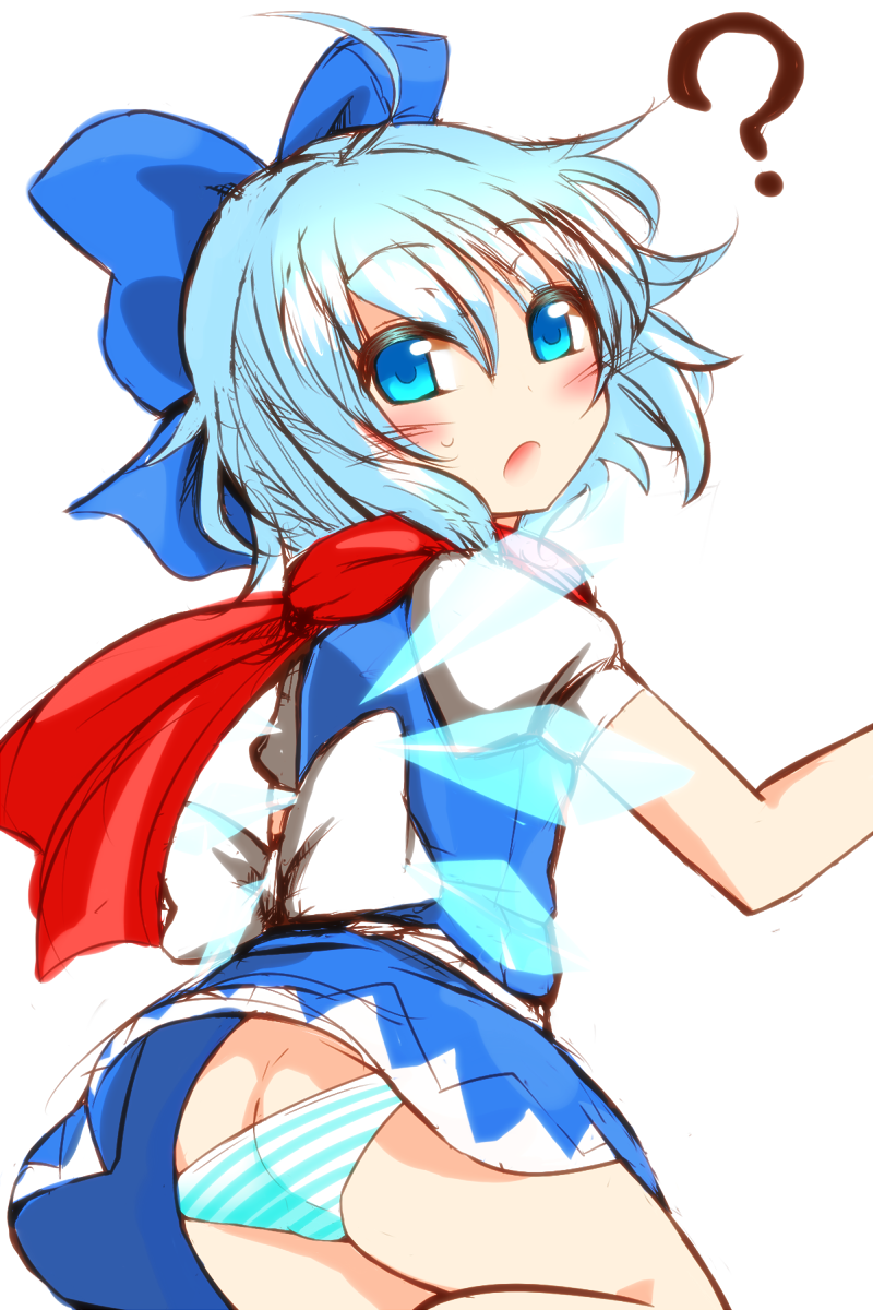 1girl ? ahoge ass blue_dress blue_eyes blue_hair blue_skirt blush bow butt_crack cirno clueless dress female hair_bow high_res highres ice ice_wings looking_at_viewer looking_back lowleg lowleg_panties open_mouth panties pantyshot pantyshot_(standing) puffy_sleeves roki_(hirokix) rough sash scarf shirt short_hair simple_background sketch skirt solo standing striped striped_panties touhou turning underwear upskirt white_background wings