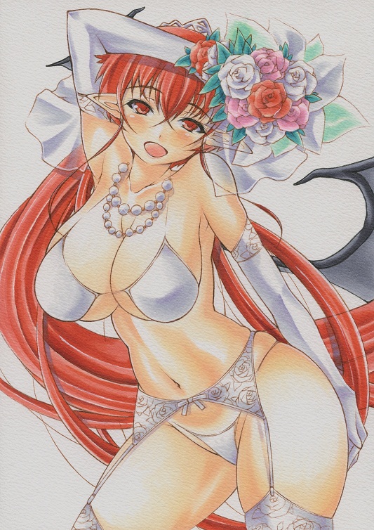 1girl arm_up bare_shoulders bikini_top blush bouquet bra breasts collarbone demon_wings elbow_gloves female flower g-string garter_belt garter_straps gloves grey_background head_wings huge_breasts jewelry koakuma lace lace-trimmed_thighhighs lingerie long_hair looking_at_viewer navel necklace open_mouth panties pose posing red_eyes red_hair solo thighhighs thighs thong touhou traditional_media underwear underwear_only very_long_hair white_background white_bra white_gloves white_legwear white_panties wings yutakasan-love